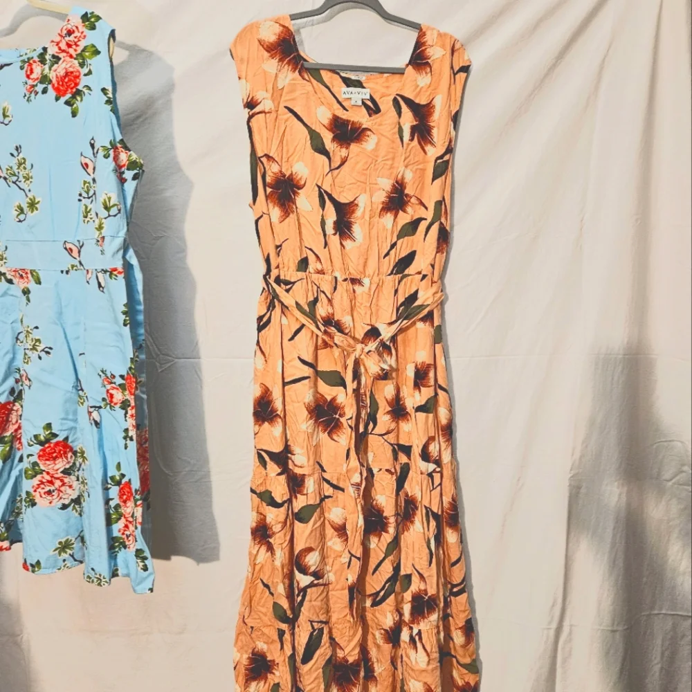 Sleeveless Tie Waist Dress- Peach Floral - Picture 1 of 5